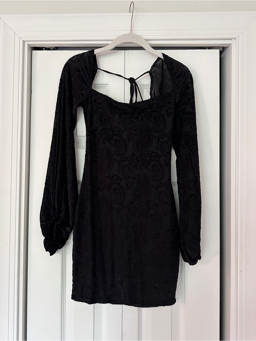 Black Long-Sleeve Velvet Burnout Mini Dress